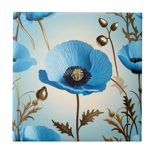 Luxury Botanical Blue Poppy Ceramic Tile (Front)