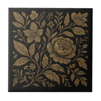 Luxury Botanical Noir Gold on Black Ceramic Tile