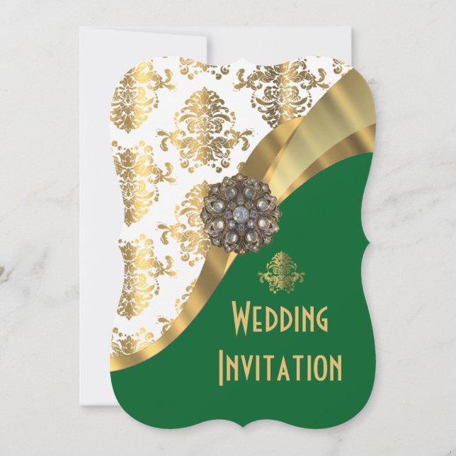 Luxury bright green and gold damask wedding invitation (Back)