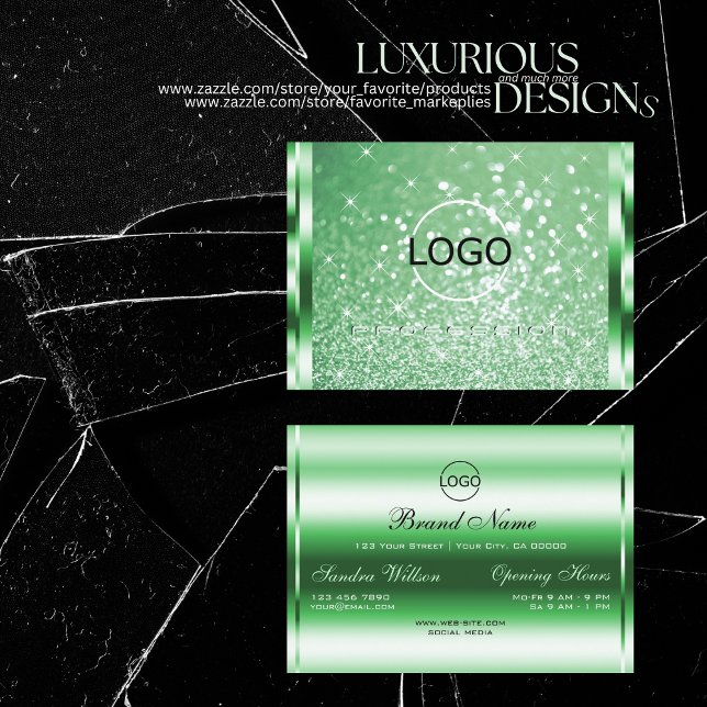 Luxury Bright Green Sparkle Glitter Stars and Logo Business Card (Creator Uploaded)