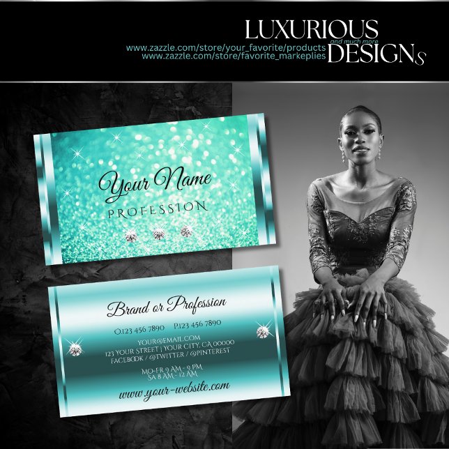 Luxury Bright Teal Glitter Luminous Stars Diamonds Business Card (Creator Uploaded)