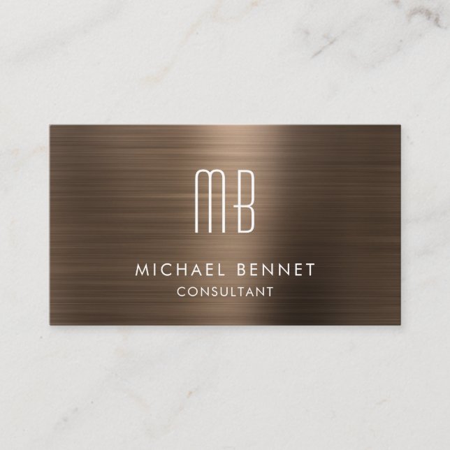 Luxury Bronze Brown Metallic Monogram Consultant Business Card (Front)