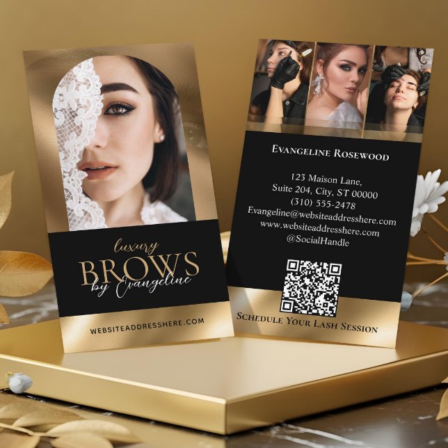 Luxury Brow Artist Salon Arch Photo Black Gold Business Card (Luxury Brow Artist Salon Arch Photo Black Gold Business Card)