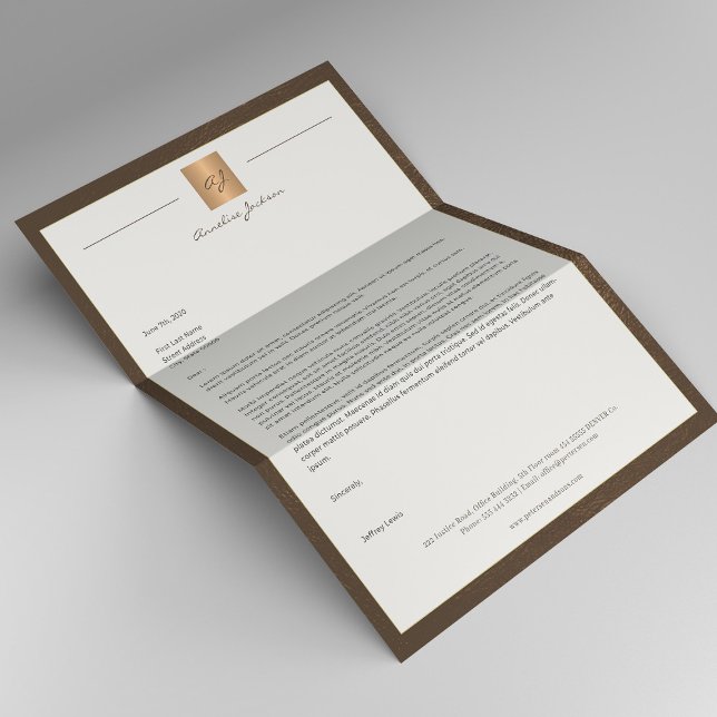 Luxury brown leather frame gold monogram business custom letterhead (Creator Uploaded)