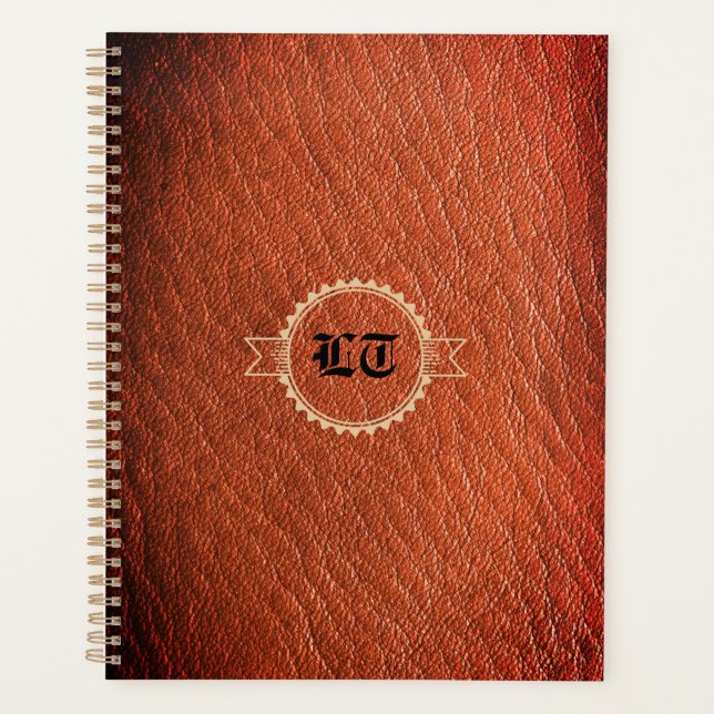 Luxury Brown Leather Look Monogram English Initial Planner (Front)