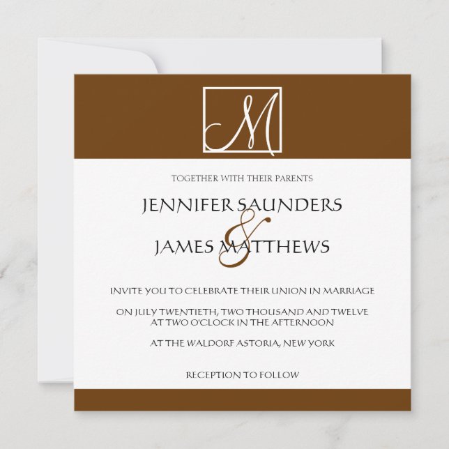 Luxury Brown Monogram Initial Wedding Invitation (Front)