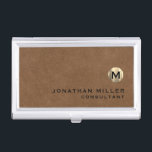 Luxury Brown Suede Gold Monogram Business Card Holder<br><div class="desc">Simple modern design with luxury brushed metallic gold monogram medallion with personalised name and title or custom text below in classic block typography on a brown suede leather textured background. Personalise for your custom use.</div>