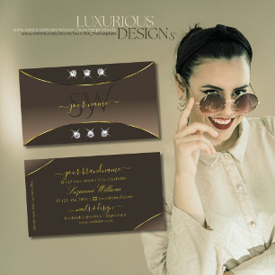 Luxury Brown with Gold Ornate Diamonds Monogram Business Card