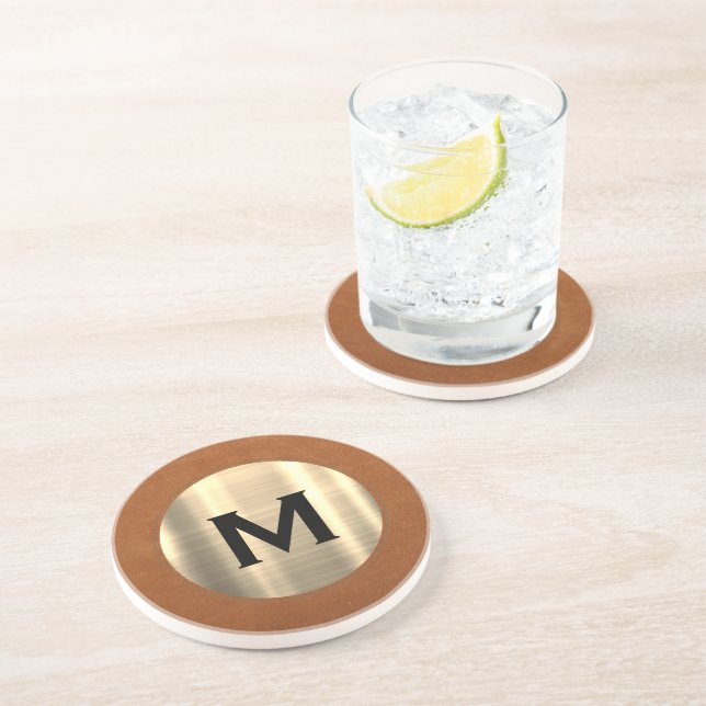 Luxury Brushed Metallic Gold Monogram Coaster (Side)