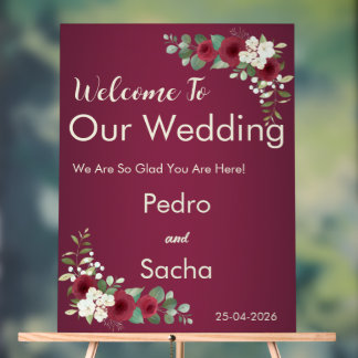 Luxury Burgundy and Gold Floral Wedding Welcome  Acrylic Sign