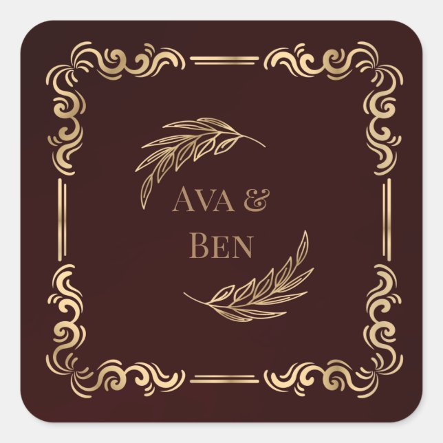 Luxury Burgundy and Gold Flourishes Wedding Square Sticker (Front)