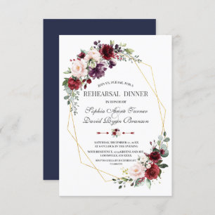 Luxury Burgundy Blush Floral Gold Rehearsal Dinner Invitation