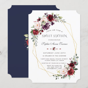 Luxury Burgundy Blush Floral Gold Sweet Sixteen Invitation