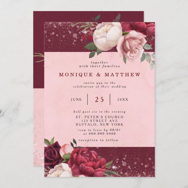 Luxury Burgundy Blush Pink Glitter Peony Wedding Invitation (Front/Back)