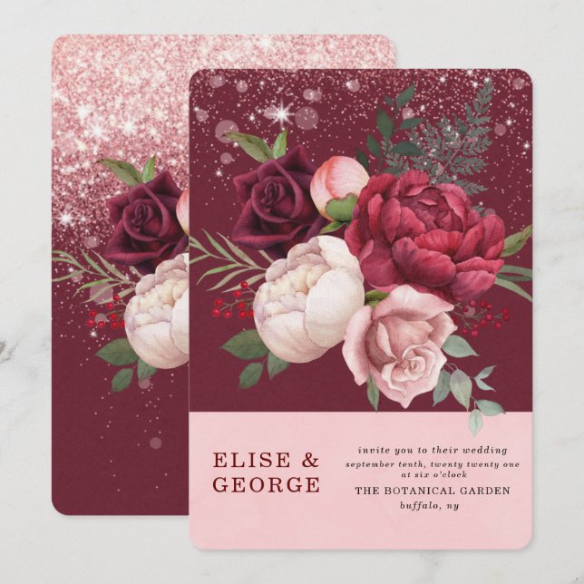 Luxury Burgundy Blush Pink Peony Glitter Wedding Invitation (Front/Back)