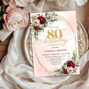 Luxury Burgundy Bohemian Floral 80th Birthday  Invitation