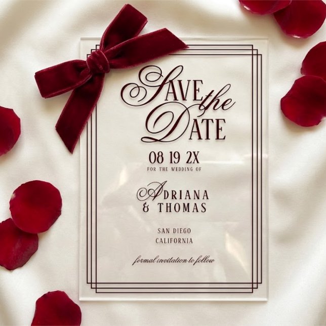 Luxury Burgundy Calligraphy Wedding Save The Date Acrylic Invitations (Creator Uploaded)