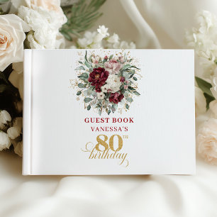 Luxury Burgundy Floral 80th Birthday Guest Book