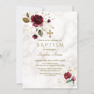 Luxury Burgundy Gold Floral Cross Marble Baptism Invitation