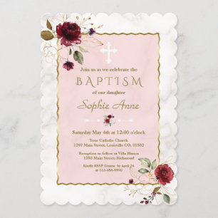 Luxury Burgundy Gold Flowers Marble Baptism Invitation