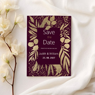 Luxury burgundy gold foliage floral Save the Date Invitation