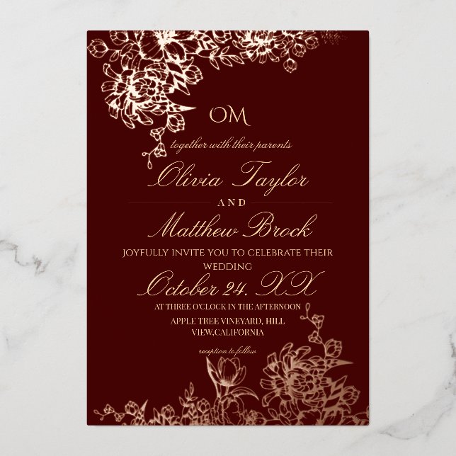 Luxury Burgundy & Gold Garden Floral Wedding Invi (Front)