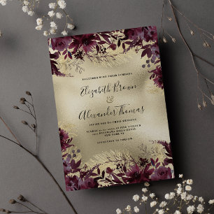 Luxury burgundy gold glitter floral wedding invitation
