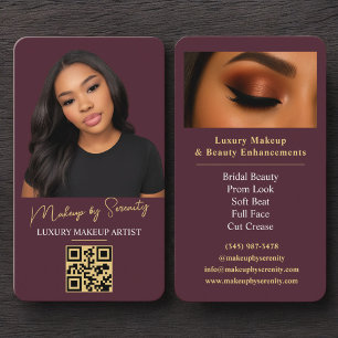 Luxury Burgundy Gold Makeup Artist QR Code Beauty Business Card