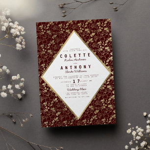 Luxury burgundy gold romantic floral wedding invitation