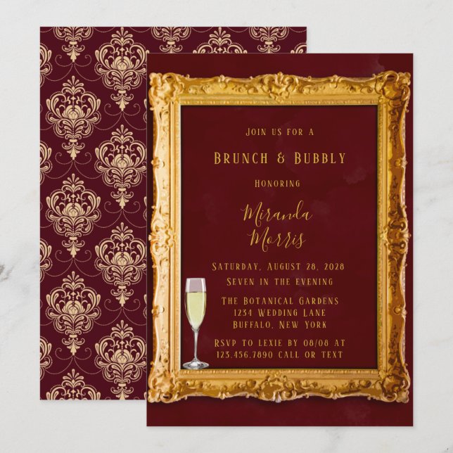 Luxury Burgundy & Gold Royal Brunch & Bubbly Invitation (Front/Back)