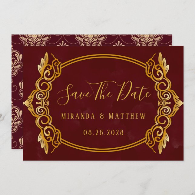 Luxury Burgundy & Gold Royal Save The Date Cards (Front/Back)