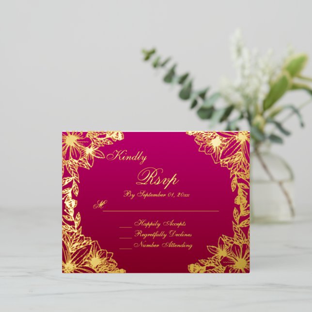 Luxury Burgundy Gold Script Wedding RSVP Card (Standing Front)