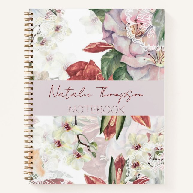 Luxury burgundy monogrammed name orchid floral notebook (Front)