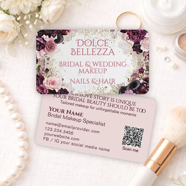 Luxury Burgundy Pink Floral Bridal Makeup Artist Business Card (Creator Uploaded)