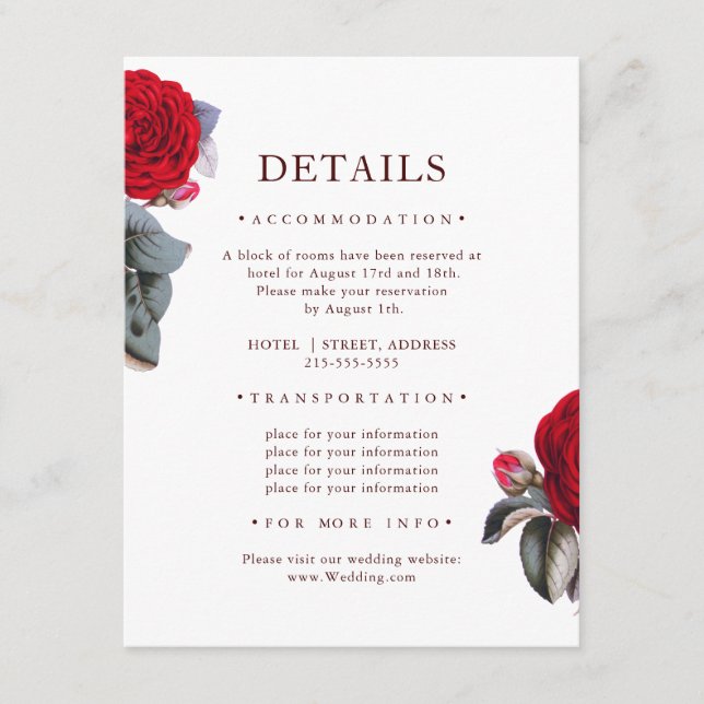 Luxury Burgundy Red roses. Floral Wedding Details Enclosure Card (Front)