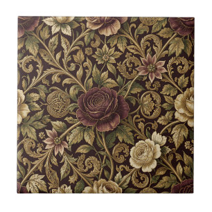 Luxury Burgundy Rose Gold Vine Floral Pattern Ceramic Tile