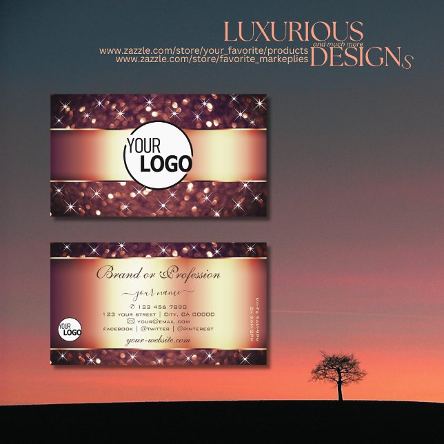 Luxury Burgundy Rose Golden Glitter Stars and Logo Business Card (Creator Uploaded)