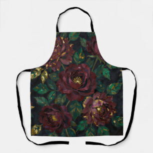 Luxury Burgundy Roses Gold Leaf Floral Apron