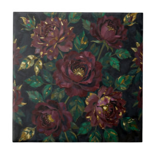 Luxury Burgundy Roses Gold Leaf Floral Ceramic Tile