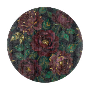 Luxury Burgundy Roses Gold Leaf Floral Cutting Board