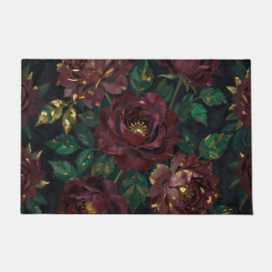 Luxury Burgundy Roses Gold Leaf Floral Doormat