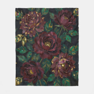 Luxury Burgundy Roses Gold Leaf Floral Fleece Blanket
