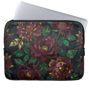 Luxury Burgundy Roses Gold Leaf Floral Laptop Sleeve