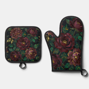 Luxury Burgundy Roses Gold Leaf Floral Oven Mitt & Pot Holder Set