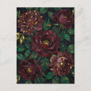 Luxury Burgundy Roses Gold Leaf Floral Postcard
