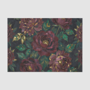 Luxury Burgundy Roses Gold Leaf Floral Tissue Paper