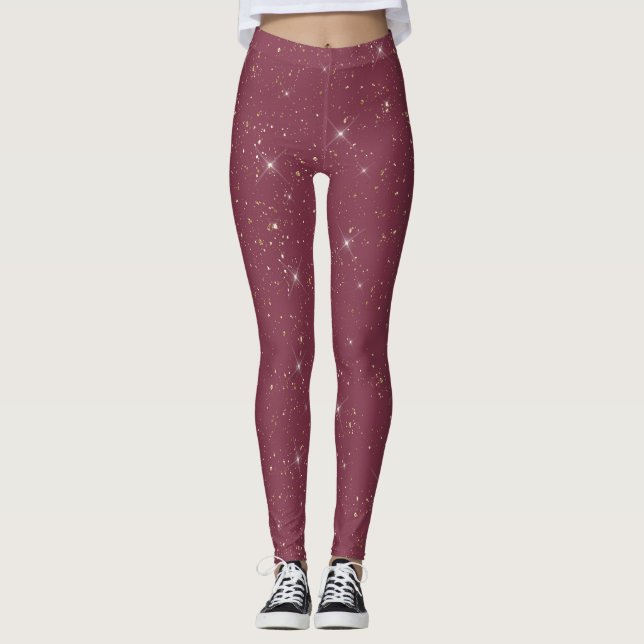 Luxury burgundy sparkle gold glitter confetti leggings (Front)