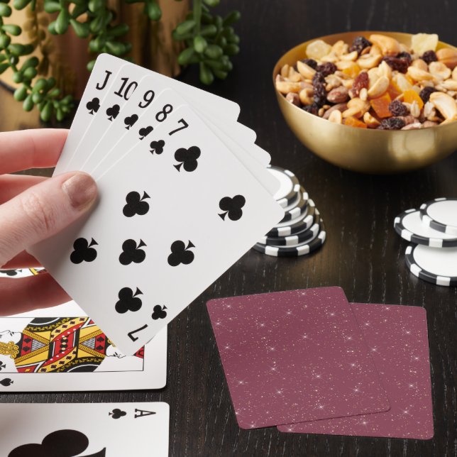 Luxury burgundy sparkle gold glitter confetti playing cards (In Situ)