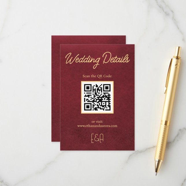 Luxury Burgundy Wedding QR Code Enclosure Card (Front/Back In Situ)