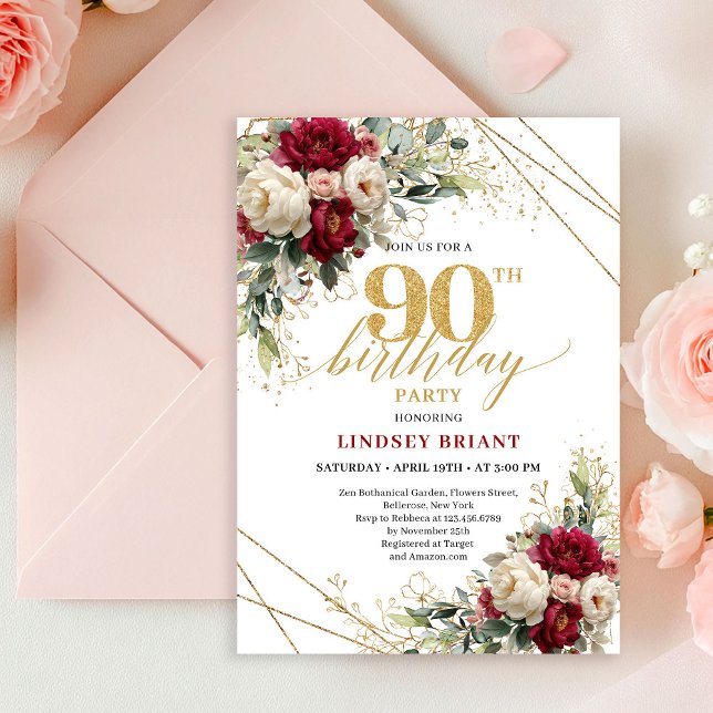 Luxury Burgundy White Roses Gold 90th Birthday  Invitation (Luxury Burgundy White Roses Gold 90th Birthday Invite)